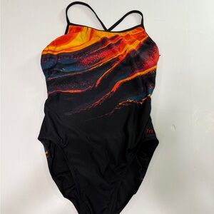 TYR Women's Black One-Piece Swimsuit with Orange, Red and Blue Swirl
